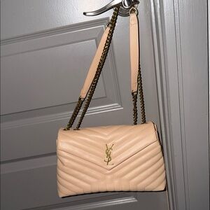 Saint Laurent Beige Quilted Leather Shoulder Bag with Gold Chain